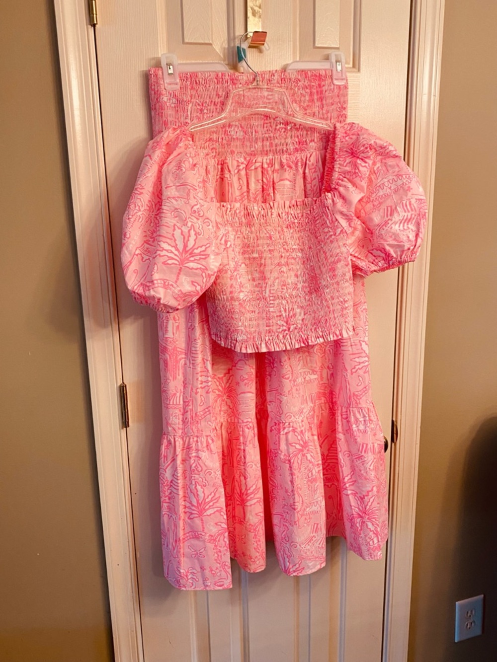 Lilly Pulitzer Hot Pink & Light Coral Smocked Puff Sleeve Two-Piece